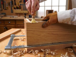 Carpenter Applying Wood Glue to Joinery - Detailed Craftsmanship