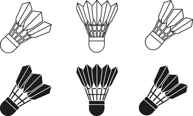 Badminton shuttlecock icon set featuring detailed feather designs, sports equipment graphics, minimal and bold styles perfect for athletics branding, training, and game illustrations