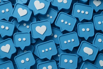 Blue 3D chat bubbles with heart, ellipsis, and message icons scattered in abstract composition on dark background. Ai generative. Ai generative