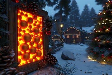 Cozy Winter Christmas Scene with Glowing Ornaments and Snowy Village at Dusk