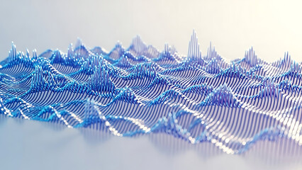 Abstract futuristic 3D landscape with blue peaks and metallic lines creating a tech topography concept visual with white background