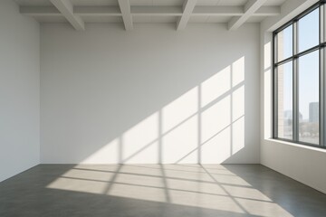 Fototapeta premium Minimalist empty room with large industrial window casting geometric shadows on clean white wall and concrete floor in bright daylight interior scene. Ai generative
