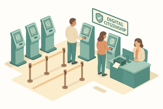 Digital citizenship registration: people using self-service kiosks and assistance desk