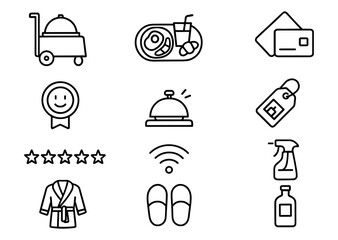 Hotel service icons: dining, cleaning, wi-fi, customer satisfaction, amenities