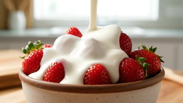 Pouring fresh cream over juicy ripe strawberries in a rustic ceramic bowl on a wooden surface