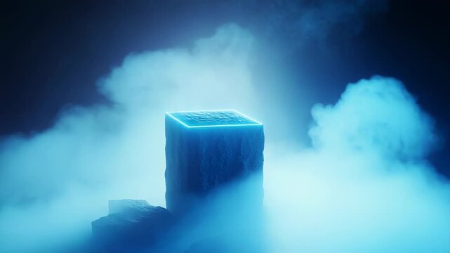 Glowing blue cube floating in mystical fog