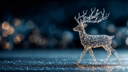 Naklejka premium Reindeer shining brightly with warm lights on a glittering surface, dark background with bokeh and copy space
