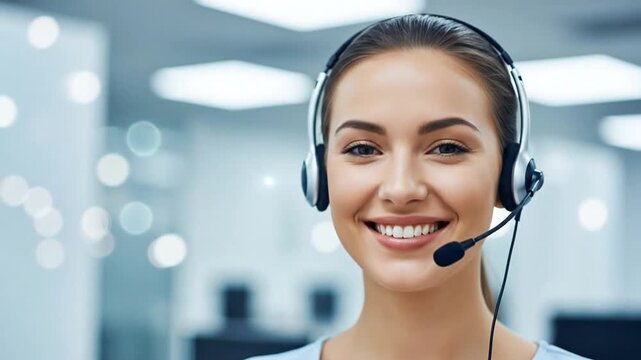 Friendly smiling customer service representative with headset in a modern office environment