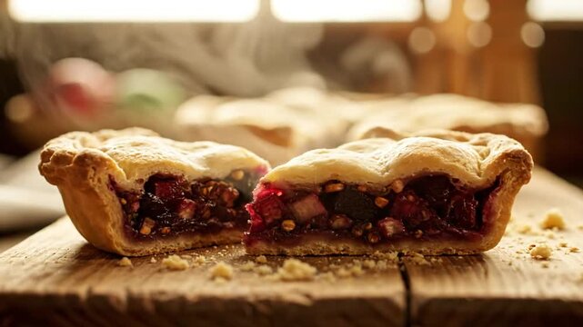 Close-up of a steaming warm berry pie cut in half on a wooden surface, ready to eat