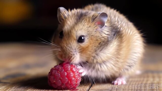 Adorable hamster eating raspberry on wood, dark background, pet care
