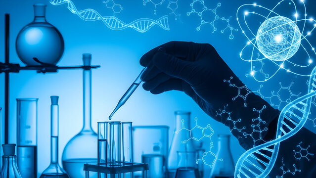 Scientist's hand holding a test tube with blue liquid and chemical formula in a laboratory research experiment - Powered by Adobe