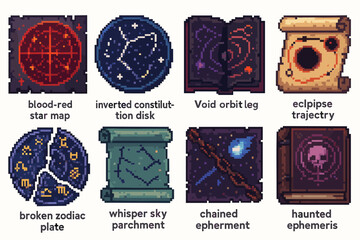 Pixel art fantasy scrolls and maps for astronomy and magic enthusiasts