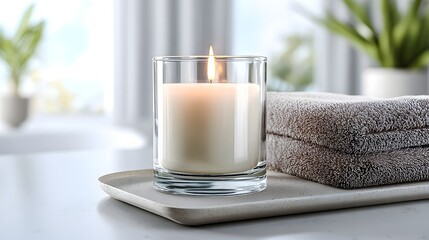 Soothing scented candle burns beside soft folded towels creating a tranquil spa atmosphere indoors