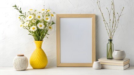 Modern arrangement with mock up poster frame, flowers in yellow vase, and decorations. Fresh and minimal aesthetic.