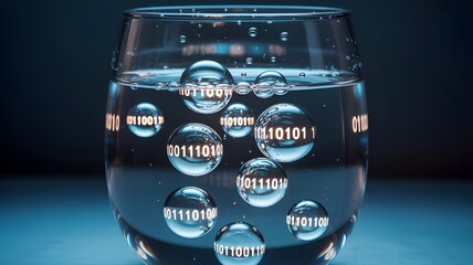 Close-up of water glass with glowing binary code bubbles – Great for data analysis, technological transparency, or science fiction themes.