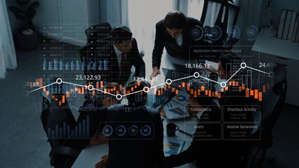 A professional business team collaborates in a modern office setting, analyzing data on a digital dashboard with charts and metrics to drive strategic decisions. Raster
