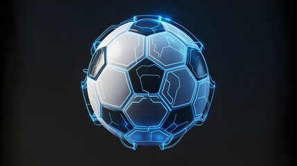 Soccer ball glowing with digital hexagonal mesh and blue neon light – Great for sports technology, gaming, or futuristic graphic design.