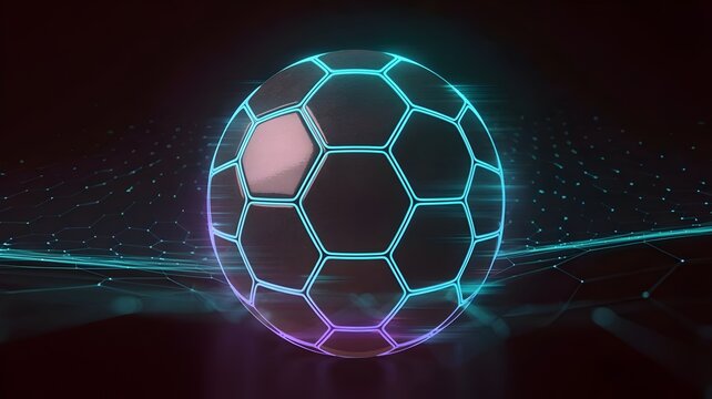 3D rendered soccer ball with glowing cyan and blue hexagonal grid – Suitable for esports, digital art, or abstract sports concepts. - Powered by Adobe