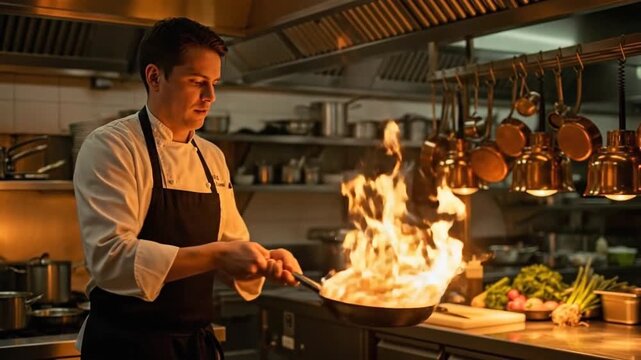 A Chef Cooks with Passion and Skill, Creating Dramatic Flames in a Professional Kitchen Environment