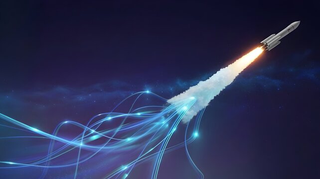 Ascending rocket with contrail morphing into blue and cyan data streams &ndash; Suitable for space exploration, connectivity, or technological progress.