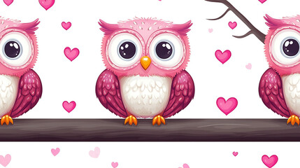 Obraz premium Cute Pink Owl Trio on Tree Branch with Hearts Horizontal Border for Valentines Day and Nursery Decor