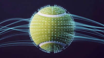 Tennis ball constructed from glowing blue and white data pathways – Suitable for predictive analytics, digital commerce, or innovation themes.