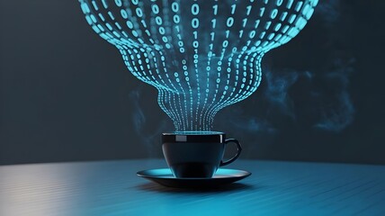 Coffee cup emitting holographic steam shaped like blue binary code – Ideal for tech work-life balance, coding, or futuristic café themes.