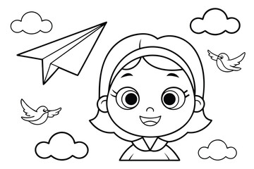 Cute Little Girl Standing Character Outline for Kids Coloring Page, Simple Line Art Vector Design