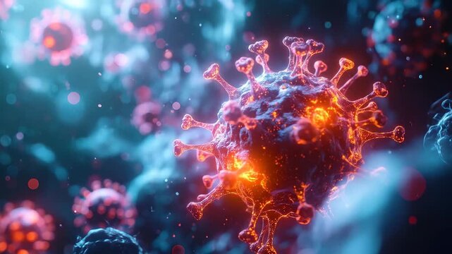 Abstract Macro Shot of a Virus Cell with Glowing Orange Lights Against a Dark Blue Background