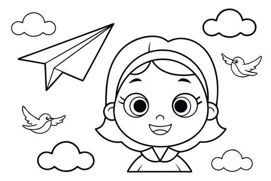 Cute Little Girl Standing Character Outline for Kids Coloring Page, Simple Line Art Vector Design
