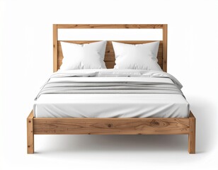 白背景のモダンな木製ベッド（白い寝具）