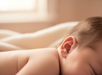 Close up on a newborn baby's ear and soft brown hair bathed in warm morning sunlight creating a peaceful and serene atmosphere