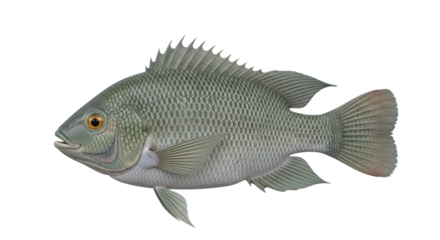 Isolated tilapia fish side view on white background for aquatic themes