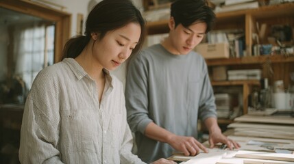 Obraz premium Young man and a young woman working together in a workshop. they are standing in front of a table with various tools and materials scattered across it.