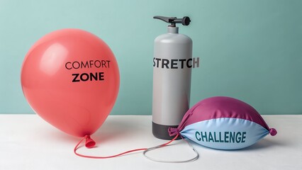 Balloon with comfort zone text next to stretch pump and challenge balloon