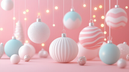 Obraz premium Christmas ornaments in pastel colors hanging on pink background for festive decoration