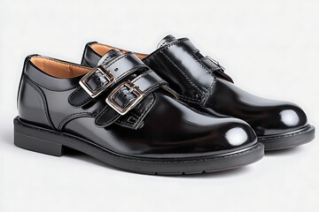 Shiny black patent leather buckle shoes
