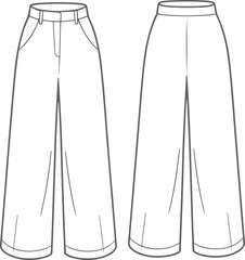 Wide leg pants fashion technical drawing front and back view flat sketch apparel design illustration for clothing manufacturing template