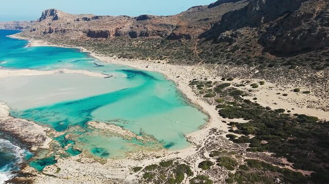Amazing drone view of Balos Lagoon and white sandy beach, Crete, Greece