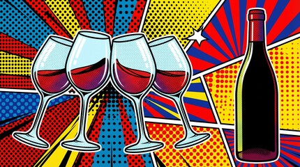 Pop Art Style Wine Glass and Bottle Celebration with Comic Explosion Background.