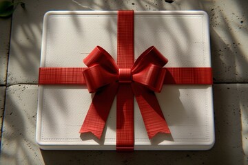 Gift wrapped in white fabric with a red ribbon and bow on top