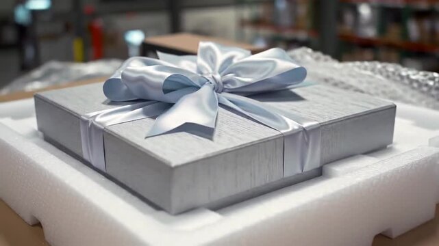 Boxed gift with bow on foam in warehouse, shipping, packaging, present