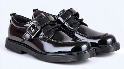 Shiny black platform mary jane shoes with buckle straps