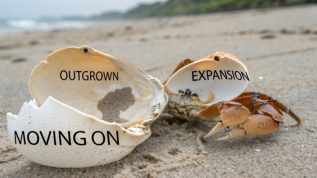 Crab shell open on a sandy beach with growth words