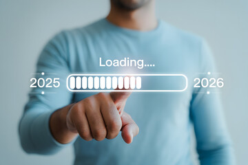 Man interacting with futuristic loading bar interface for 2025