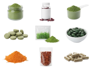 Green superfood powders and supplements isolated on transparent background