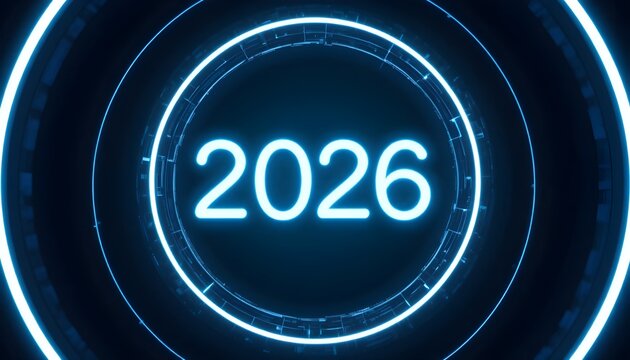 Glowing neon digital countdown display prominently featuring the year two thousand twenty six in futuristic style - Powered by Adobe