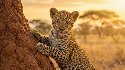 Obraz premium Adorable leopard cub climbing on a termite mound at sunset
