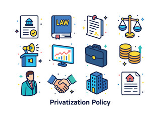 Privatization Icon Set. Privatization Policy. Colorful isometric