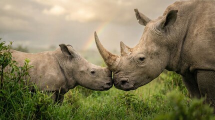 Mother and baby rhinoceros touching noses in a grassy field with rainbow